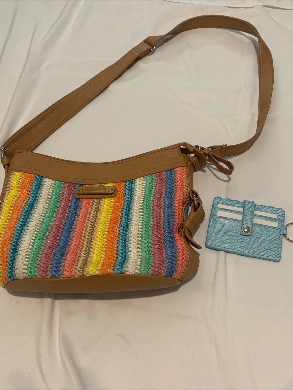 Rosetti Tan Multicolor Crossbody Bag + Blue Cardholder